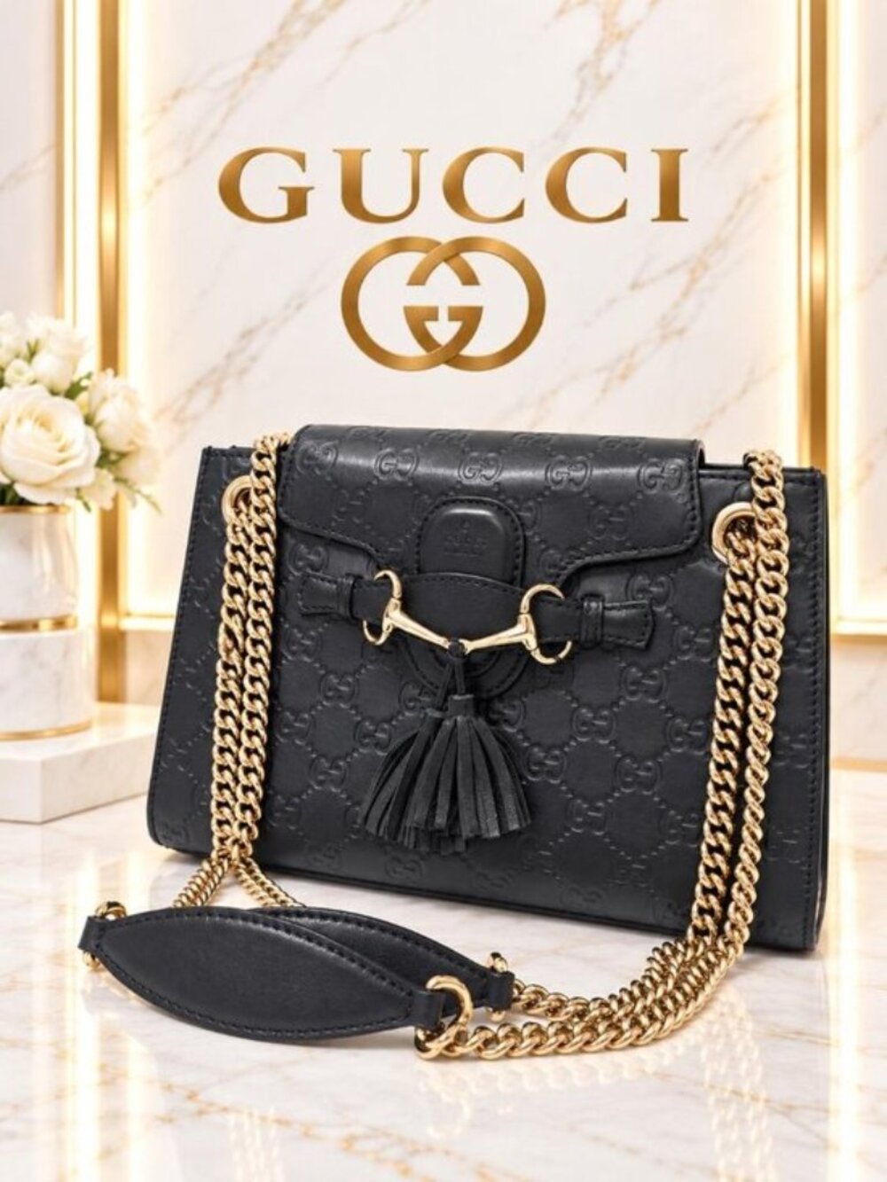 Authentic Gucci Emily Guccissima Black Leather Horsebit Chain Shoulder Bag